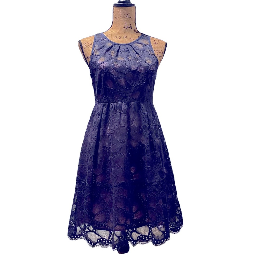 Nanette Lepore Blue Lace Purple Underlay Sleeveless Dress Size 4